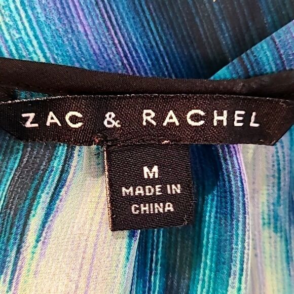 Zac & Rachel Watercolor Shades of Blues & Purple Blouse, Black Trim, Sz Medium - Picture 7 of 8